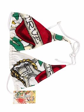 Ed Hardy Rhinestone Bikini Top Y2K Tattoo Print Halter Tie Multicolor SZ XL NWT